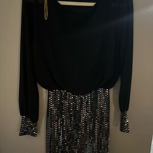 Sabora Black Silver Sequin Dolman Sleeve Sheath Dress
